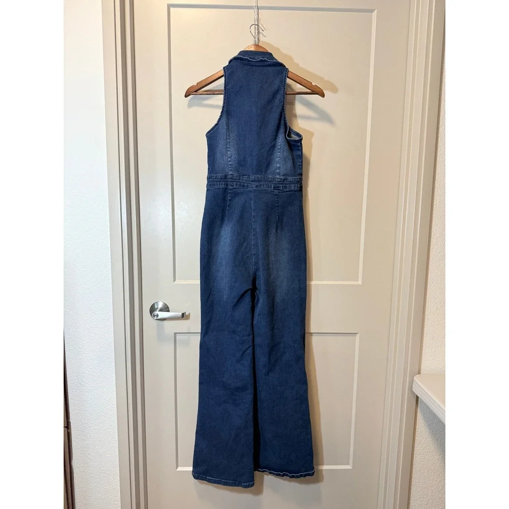 Women's Retro High‎ Waist Flare Leg Denim Jumpsuit Zip Front Size Large